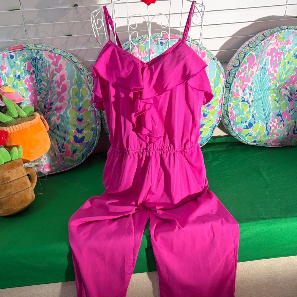 Pink One Piece Pants Jumpsuit/Long Romper with Ruffles & Pockets